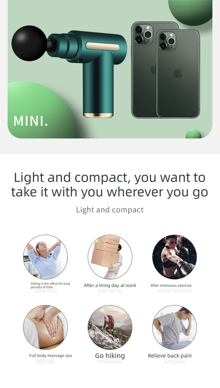 Mini Massage Gun Deep Tissue Percussion Muscle Massager Portable Handheld Quiet 6 Speeds 4 Heads Type-C Charging Electric Body Relaxer Tool Green