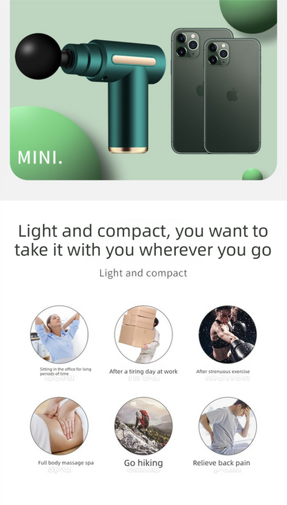 Mini Massage Gun Deep Tissue Percussion Muscle Massager Portable Handheld Quiet 6 Speeds 4 Heads Type-C Charging Electric Body Relaxer Tool Green