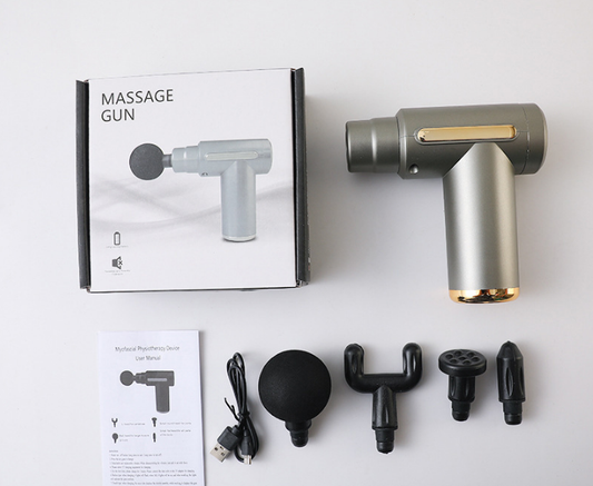 Mini Massage Gun Deep Tissue Percussion Muscle Massager Portable Handheld Quiet 6 Speeds 4 Heads Type-C Charging Electric Body Relaxer Tool Grey
