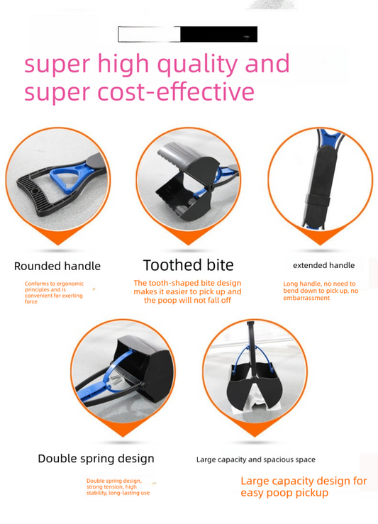 Super Long 80cm Foldable Pet Pooper Scooper Heavy Duty Dog Waste Picker No Bending Jaw Clamp with Dispenser & Bags Red