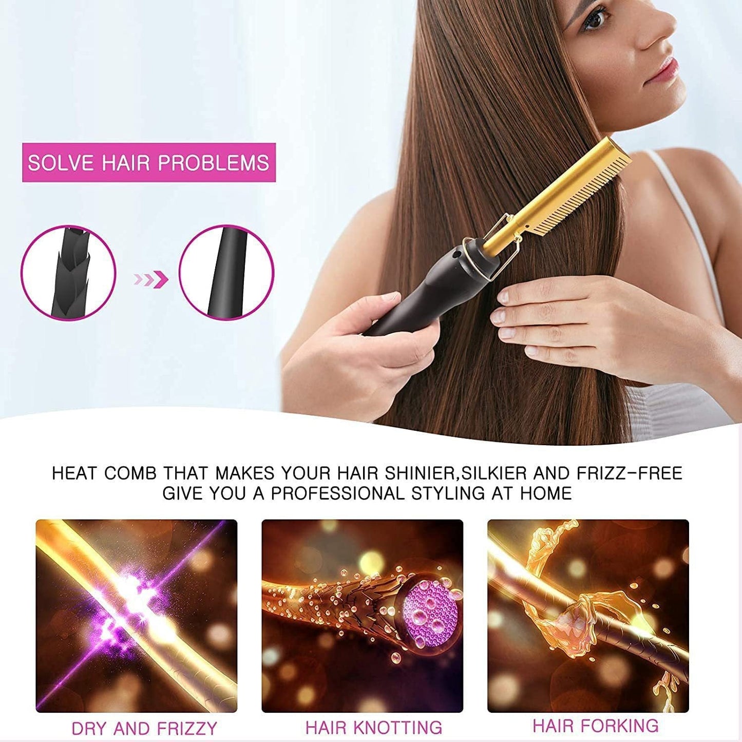 2-in-1 Electric Hot Comb Hair Straightener & Curler Titanium Alloy Heating Fast Heat Up Anti-Scald Pressing Comb with AU Plug 3 Temp Settings Gold