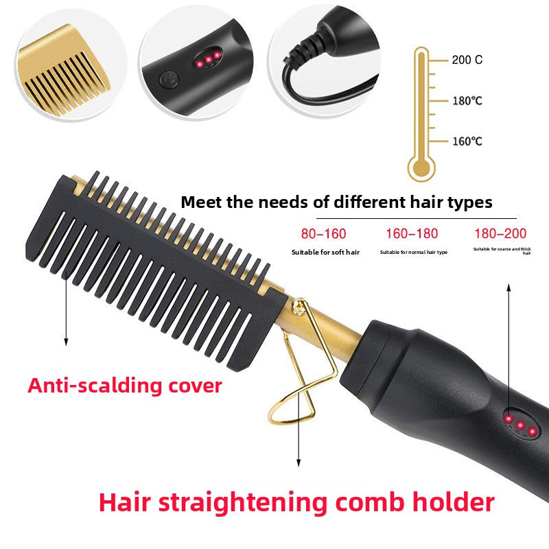 2-in-1 Electric Hot Comb Hair Straightener & Curler Titanium Alloy Heating Fast Heat Up Anti-Scald Pressing Comb with AU Plug 3 Temp Settings Gold