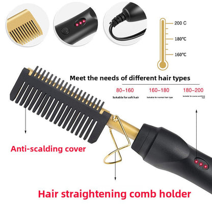 2-in-1 Electric Hot Comb Hair Straightener & Curler Titanium Alloy Heating Fast Heat Up Anti-Scald Pressing Comb with AU Plug 3 Temp Settings Gold