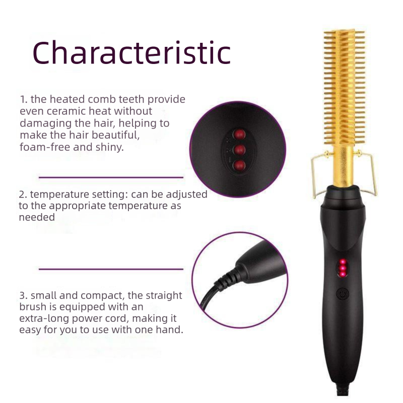 Electric Hot Comb Hair Straightener & Curler Titanium Alloy Fast Heat Wet Dry Styling Tool Black Gold AU Plug