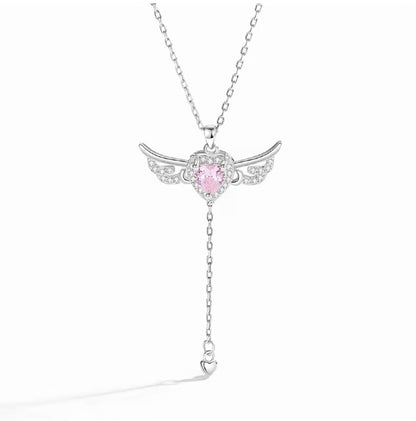 S925 Sterling Silver Angel Wings Necklace with Pink Heart Crystal & Tassel Drop Adjustable Chain Jewellery Gift for Her