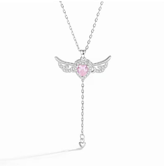S925 Sterling Silver Angel Wings Necklace with Pink Heart Crystal & Tassel Drop Adjustable Chain Jewellery Gift for Her