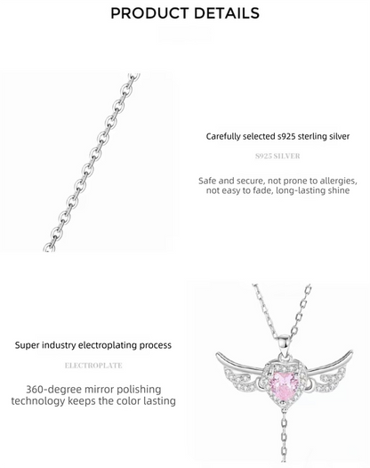 S925 Sterling Silver Angel Wings Necklace with Pink Heart Crystal & Tassel Drop Adjustable Chain Jewellery Gift for Her