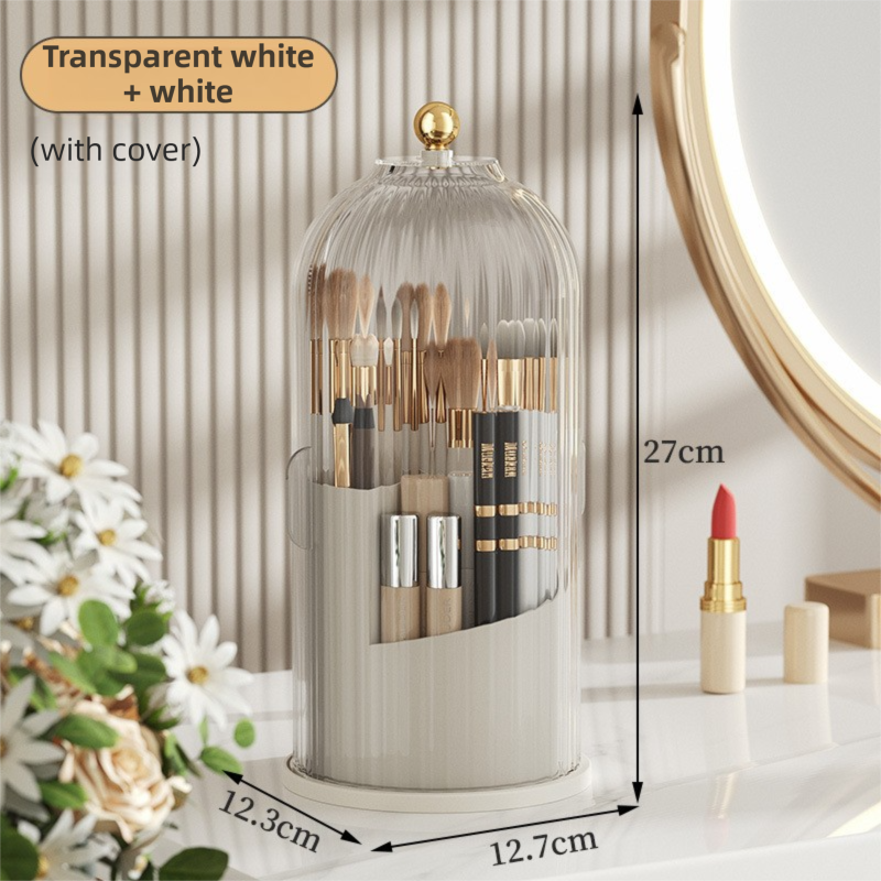 White 360Â° Rotating Makeup Brush Holder with Transparent Dust-Proof Sliding Door - Large Capacity Cosmetic Organizer, Professionaln Gradient Dual Zones