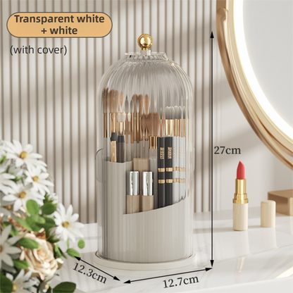 White 360Â° Rotating Makeup Brush Holder with Transparent Dust-Proof Sliding Door - Large Capacity Cosmetic Organizer, Professionaln Gradient Dual Zones