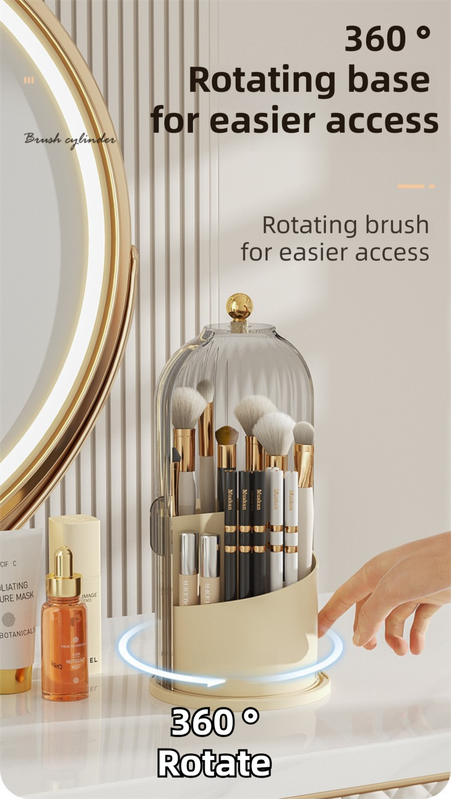 White 360Â° Rotating Makeup Brush Holder with Transparent Dust-Proof Sliding Door - Large Capacity Cosmetic Organizer, Professionaln Gradient Dual Zones