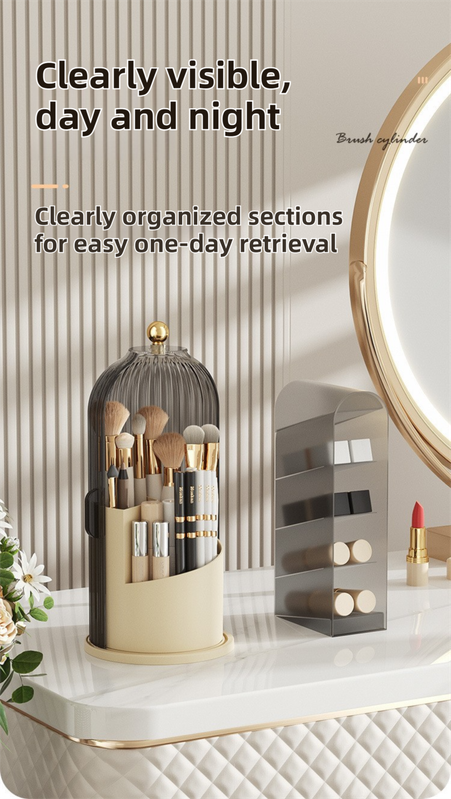 White 360Â° Rotating Makeup Brush Holder with Transparent Dust-Proof Sliding Door - Large Capacity Cosmetic Organizer, Professionaln Gradient Dual Zones