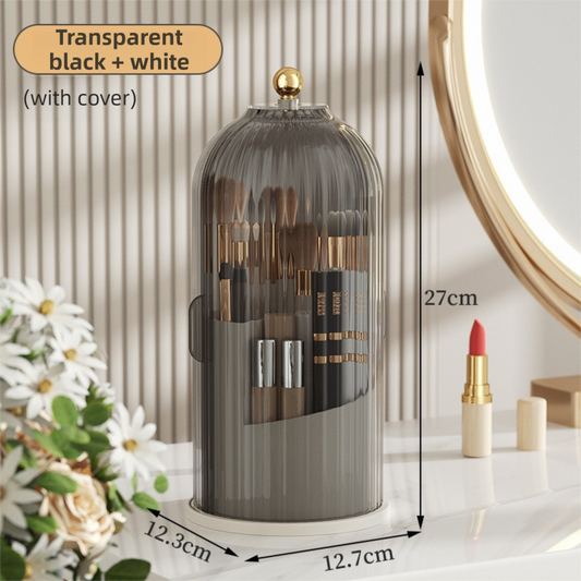 White 360Â° Rotating Makeup Brush Holder with Black Transparent Dust-Proof Sliding Door - Large Capacity Cosmetic Organizer, Professionaln Gradient Dual Zones