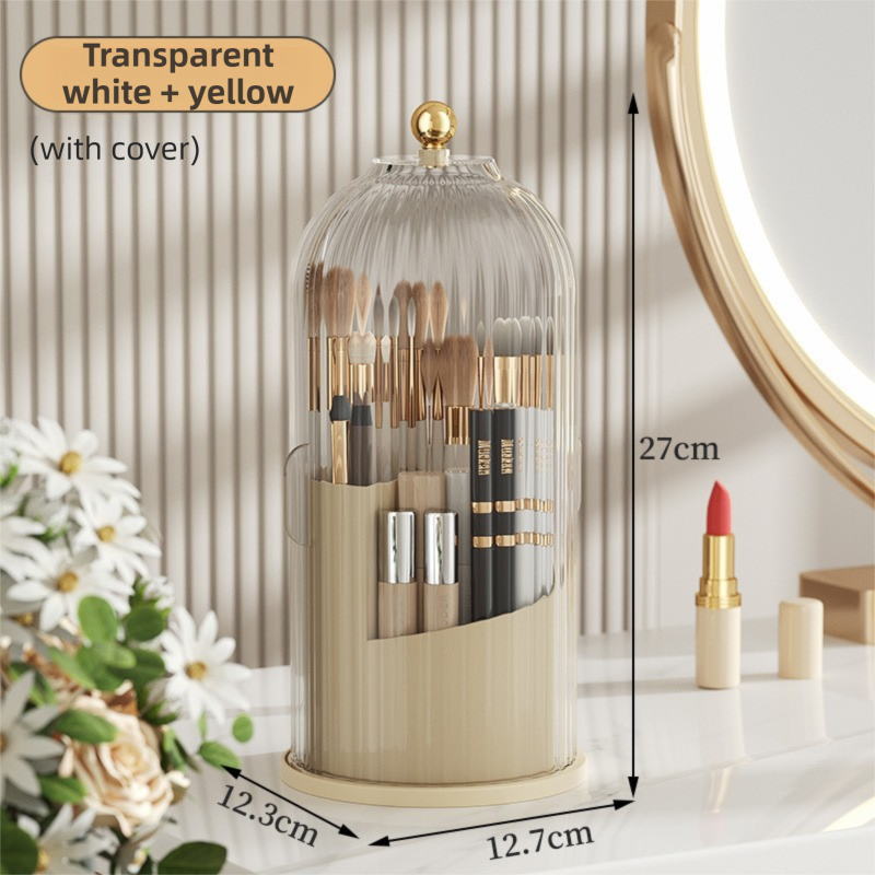 Yellow 360Â° Rotating Makeup Brush Holder with Transparent Dust-Proof Sliding Door - Large Capacity Cosmetic Organizer, Professionaln Gradient Dual Zones