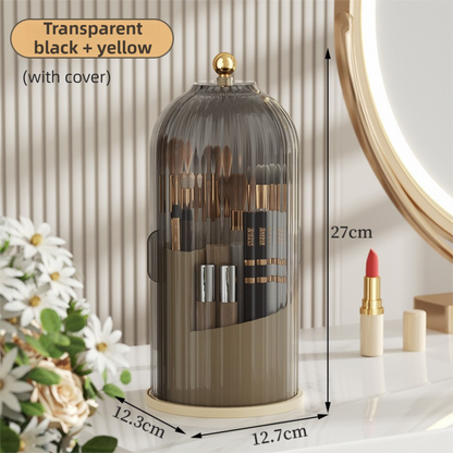 Yellow 360Â° Rotating Makeup Brush Holder with Black Transparent Dust-Proof Sliding Door - Large Capacity Cosmetic Organizer, Professionaln Gradient Dual Zones