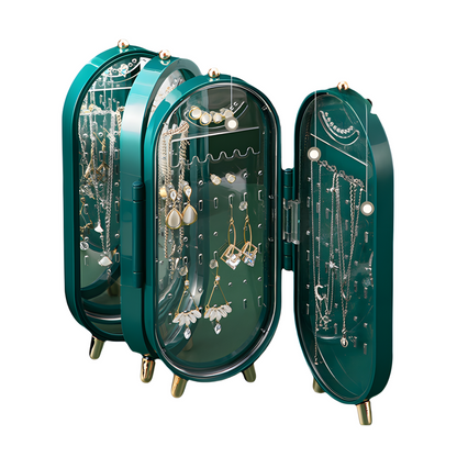 Green 4-Layer Retractable Screen-Style Jewelry Display Stand With Mirror Zone - Dust-Proof Necklace & Earring Organizer Case for Vanity