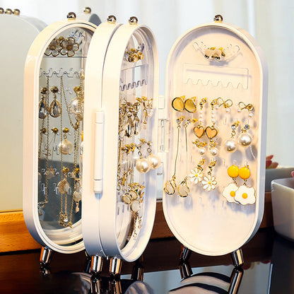 Green 4-Layer Retractable Screen-Style Jewelry Display Stand With Mirror Zone - Dust-Proof Necklace & Earring Organizer Case for Vanity