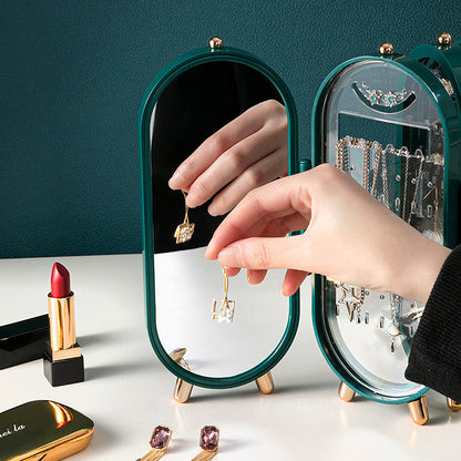 White 4-Layer Retractable Screen-Style Jewelry Display Stand With Mirror Zone - Dust-Proof Necklace & Earring Organizer Case for Vanity