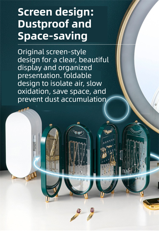 White 4-Layer Retractable Screen-Style Jewelry Display Stand With Mirror Zone - Dust-Proof Necklace & Earring Organizer Case for Vanity