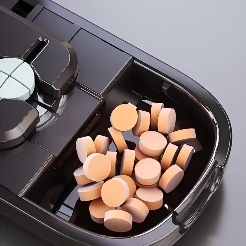 Grey Portable Mini Pill Organizer with 1/2 & 1/4 Precision Cutter - 3-Compartment Daily Travel Medicine Case with Rolling Knob Lock