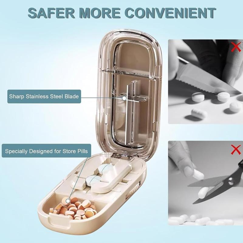 Grey Portable Mini Pill Organizer with 1/2 & 1/4 Precision Cutter - 3-Compartment Daily Travel Medicine Case with Rolling Knob Lock