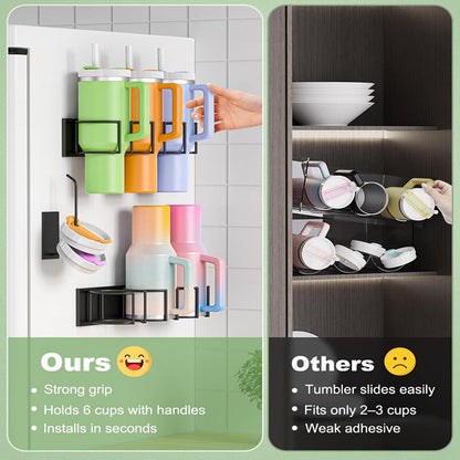 Drill-Free Magnetic Cup Organizer with Dedicated Lid Hook - Heavy Duty Carbon Steel Side Rack for Stanley Tumblers