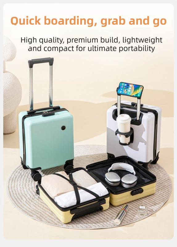 Yellow 14 Inch Lightweight Carry-on Luggage for heights over 1.6m - Underseat & Overhead Cabin Hardside Suitcase with Cup Holder & Phone Stand