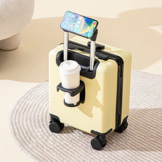 Yellow 16 Inch Lightweight Carry-on Luggage for heights under 1.6m - Underseat & Overhead Cabin Hardside Suitcase with Cup Holder & Phone Stand