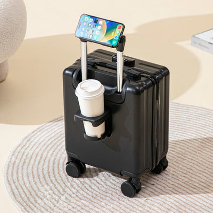 Black 16 Inch Lightweight Carry-on Luggage for heights over 1.6m - Underseat & Overhead Cabin Hardside Suitcase with Cup Holder & Phone Stand