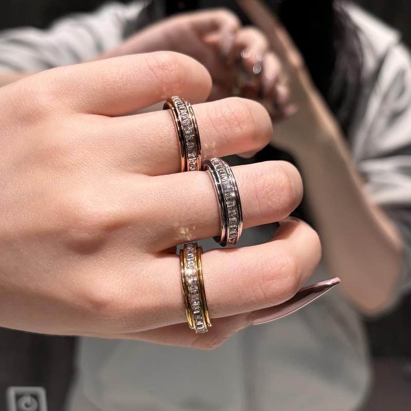 3-Piece Anxiety Spinner Meditation Bands Set - Full Zircon Inlaid Stainless Steel Rings for Stress Relief - US Size 6