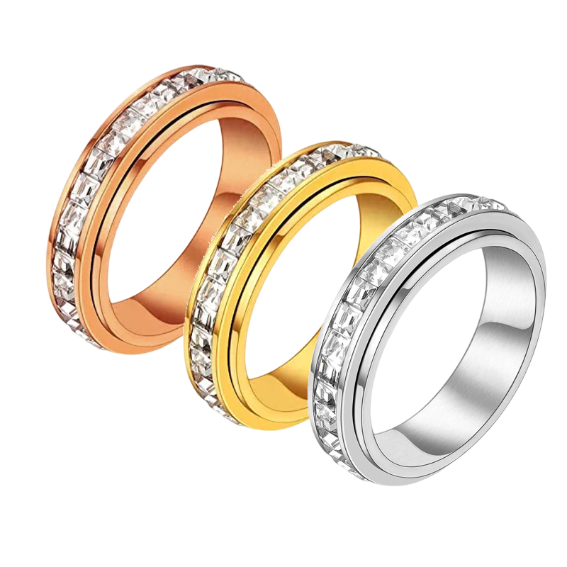 3-Piece Anxiety Spinner Meditation Bands Set - Full Zircon Inlaid Stainless Steel Rings for Stress Relief - US Size 10