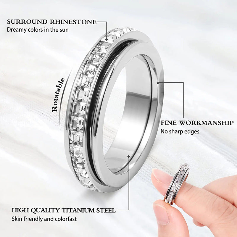 3-Piece Anxiety Spinner Meditation Bands Set - Full Zircon Inlaid Stainless Steel Rings for Stress Relief - US Size 10