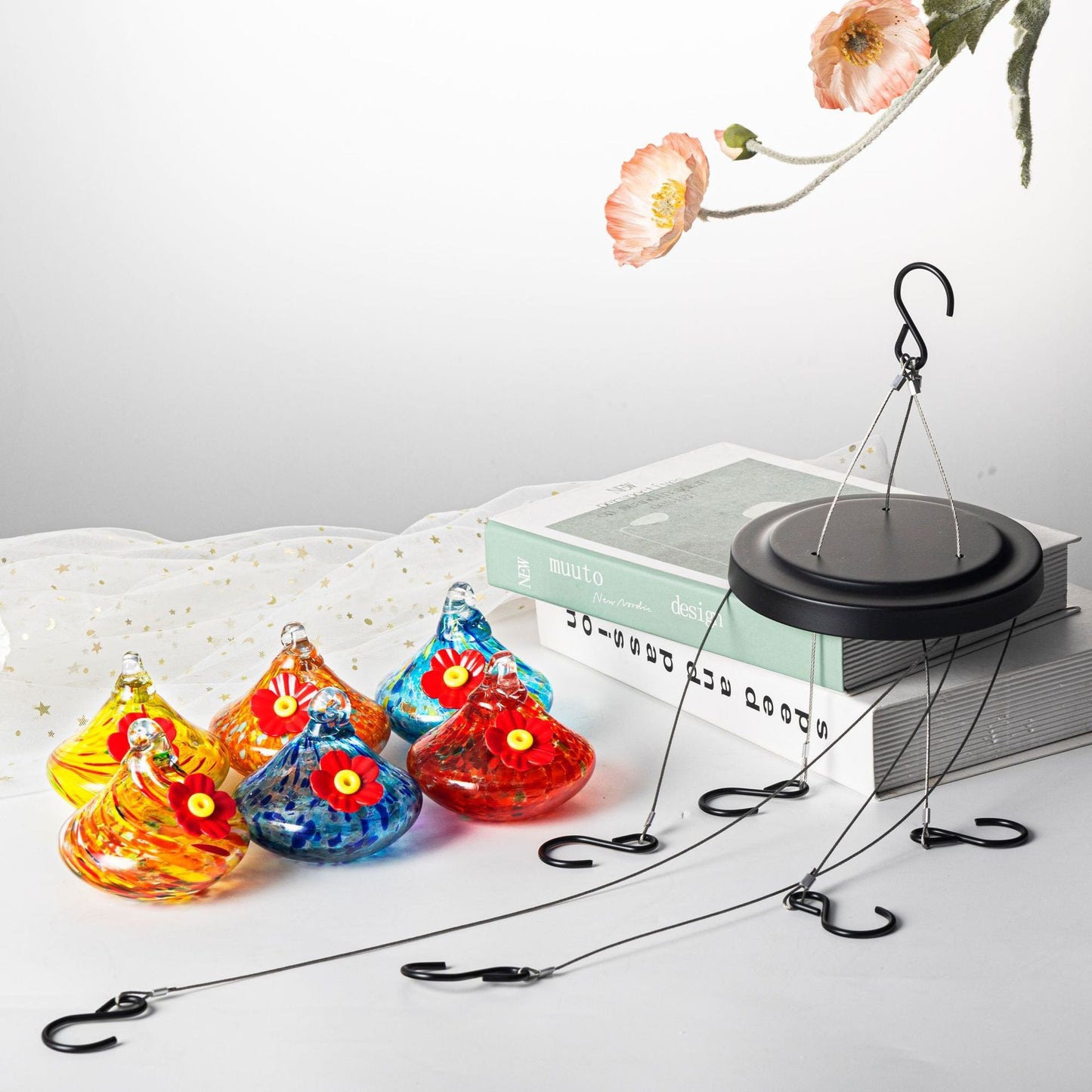 Outdoor Hand-Blown Glass Bird Feeder - 6-Color Durable Weather-Proof Bird Waterer, Includes Funnel & Hanging Plate