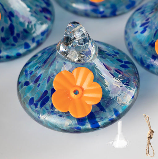 Outdoor Hand-Blown Glass Bird Feeder - Durable Weather-Proof Bird Waterer, Includes Funnel & Hanging Rope (Single - Dark Blue Dot)