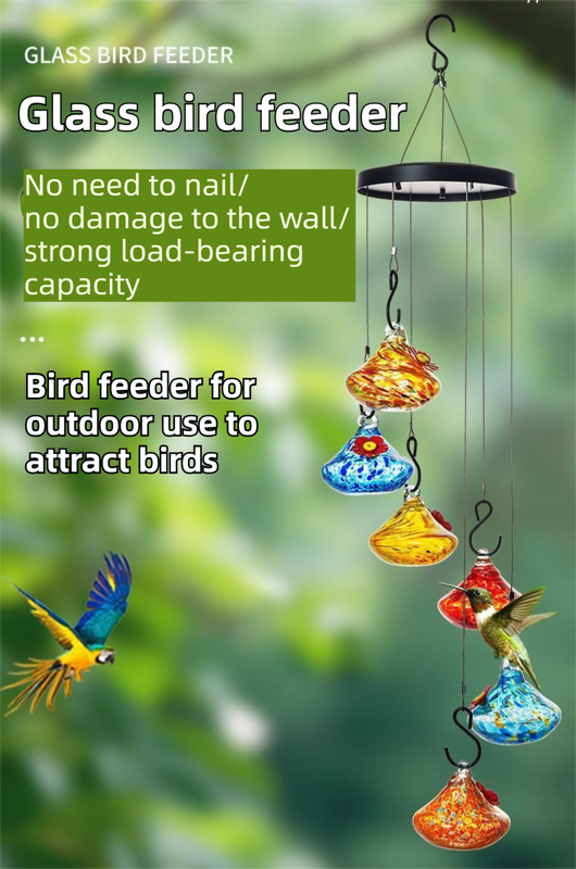 Outdoor Hand-Blown Glass Bird Feeder - Durable Weather-Proof Bird Waterer, Includes Funnel & Hanging Rope (Single - Dark Blue Dot)