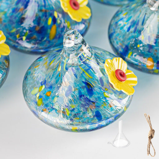 Outdoor Hand-Blown Glass Bird Feeder - Durable Weather-Proof Bird Waterer, Includes Funnel & Hanging Rope (Single - Light Blue Dot)