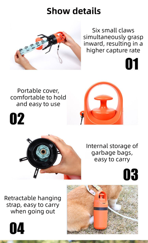 Blue Foldable 6-Claw Pet Pooper Scooper with Integrated Waste Bag Dispenser & 1 Roll of Bags - Durable One-Handed Operation for Outdoor Walking