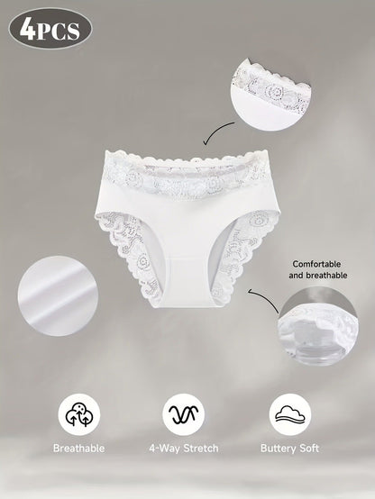 4-Pack White Elegant High-Waist Lace Panties for Women(Size M) - Tummy Control & Butt Lifting Briefs, Breathable Underwear with Cotton Crotch Lining