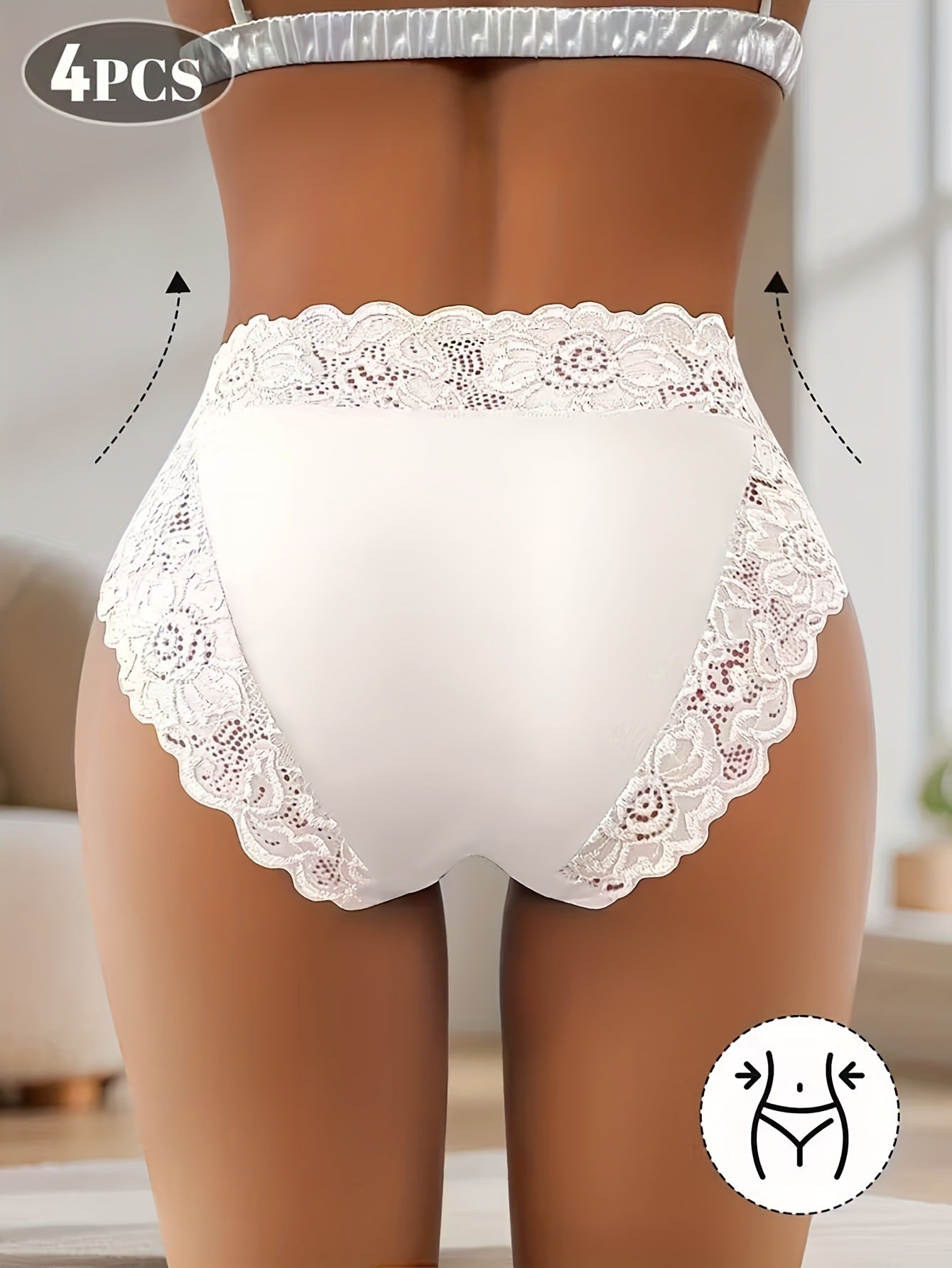 4-Pack White Elegant High-Waist Lace Panties for Women(Size M) - Tummy Control & Butt Lifting Briefs, Breathable Underwear with Cotton Crotch Lining