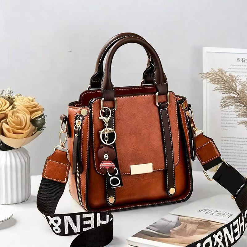 Caramel Trendy Vertical Square PU Leather Moto Crossbody Bag & Tote with 5-Pocket Organized Compartments & Adjustable Strap