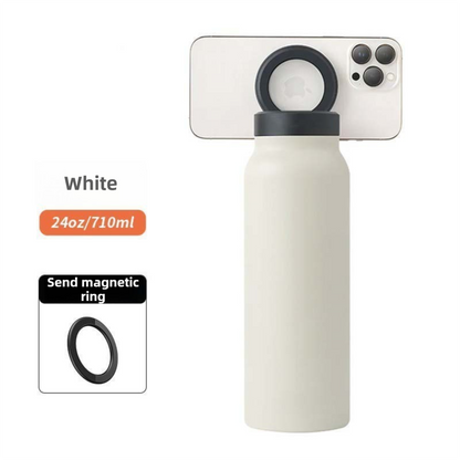 White 24oz Stainless Steel Insulated Water Bottle With 90Â° Adjustable Vertical/Horizontal Magnetic Phone Holder - Ringo Style Magnetic Lid Sport Flask