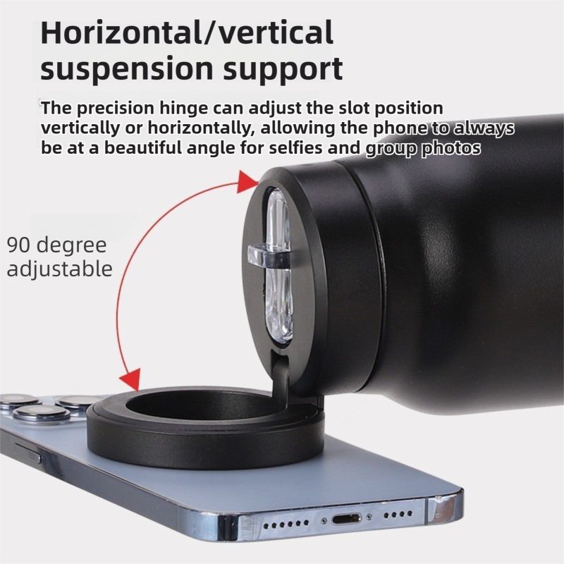 White 24oz Stainless Steel Insulated Water Bottle With 90Â° Adjustable Vertical/Horizontal Magnetic Phone Holder - Ringo Style Magnetic Lid Sport Flask