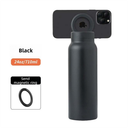 Black 24oz Stainless Steel Insulated Water Bottle With 90Â° Adjustable Vertical/Horizontal Magnetic Phone Holder - Ringo Style Magnetic Lid Sport Flask