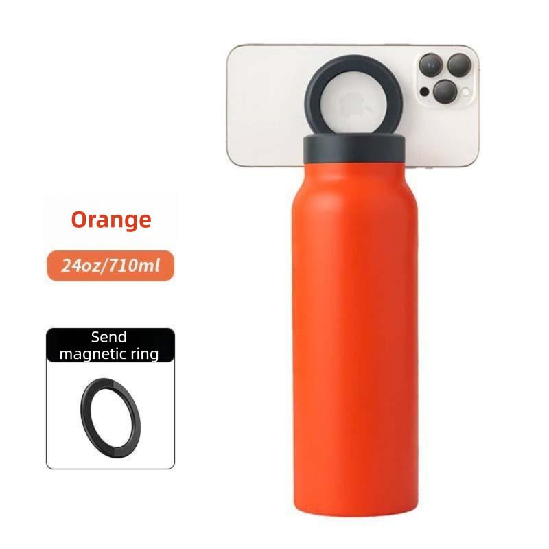 Orange 24oz Stainless Steel Insulated Water Bottle With 90Â° Adjustable Vertical/Horizontal Magnetic Phone Holder - Ringo Style Magnetic Lid Sport Flask