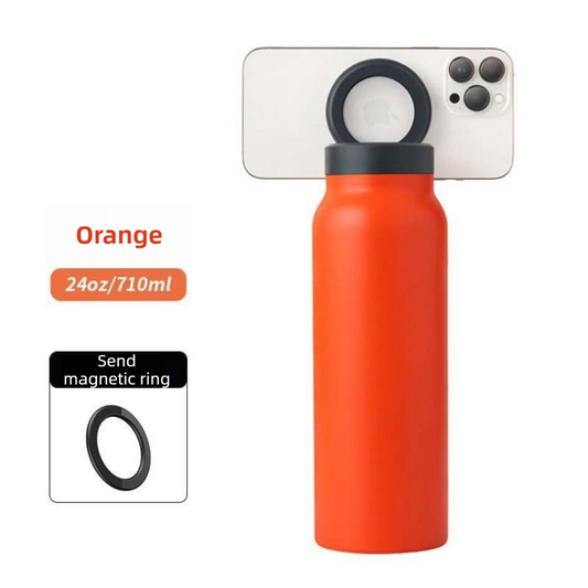 Orange 24oz Stainless Steel Insulated Water Bottle With 90Â° Adjustable Vertical/Horizontal Magnetic Phone Holder - Ringo Style Magnetic Lid Sport Flask