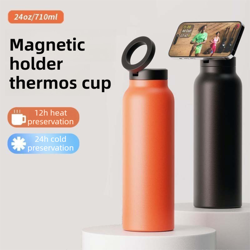 Dark Blue 24oz Stainless Steel Insulated Water Bottle With 90Â° Adjustable Vertical/Horizontal Magnetic Phone Holder - Ringo Style Magnetic Lid Sport Flask