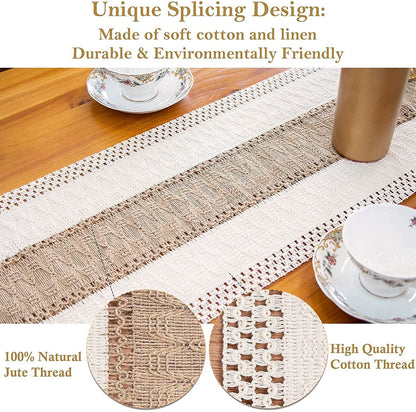 White-Brown Bohemian Woven Dining Mat with Tassels(30X50CM) - Wrinkle-Resistant Striped Placemat for Wedding, Holiday & Outdoor Party