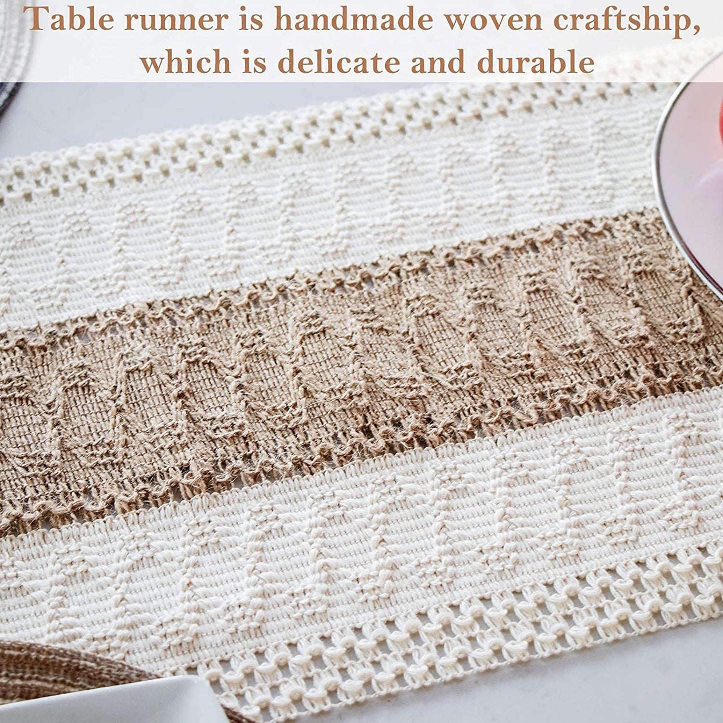 White-Brown Bohemian Woven Table Runner with Tassels(30X183CM) - Wrinkle-Resistant Striped Table Scarf for Wedding, Holiday & Outdoor Party
