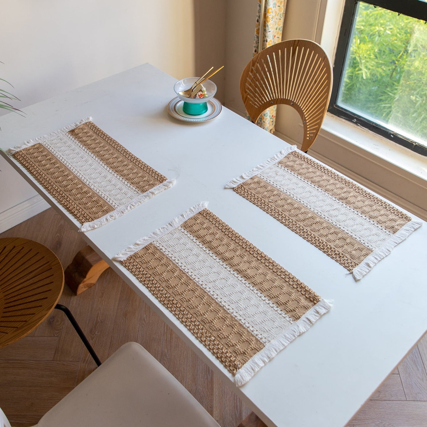 White-Grey Bohemian Woven Dining Mat with Tassels(30X50CM) - Wrinkle-Resistant Striped Placemat for Wedding, Holiday & Outdoor Party