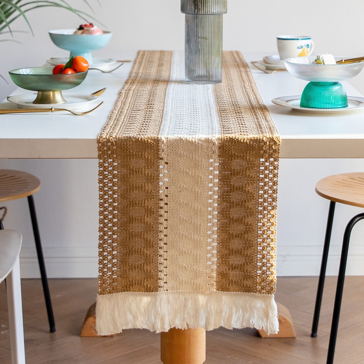 White-Green Bohemian Woven Dining Mat with Tassels(30X50CM) - Wrinkle-Resistant Striped Placemat for Wedding, Holiday & Outdoor Party
