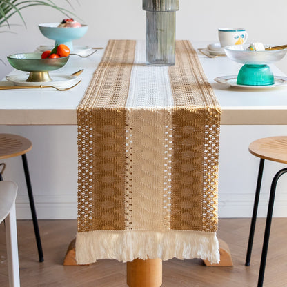 White-Green Bohemian Woven Dining Mat with Tassels(30X50CM) - Wrinkle-Resistant Striped Placemat for Wedding, Holiday & Outdoor Party
